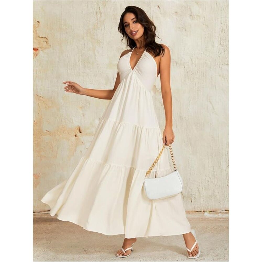 OYOANGLE Halter Maxi Dress | Backless V Neck Wedding Guest Beach Dress